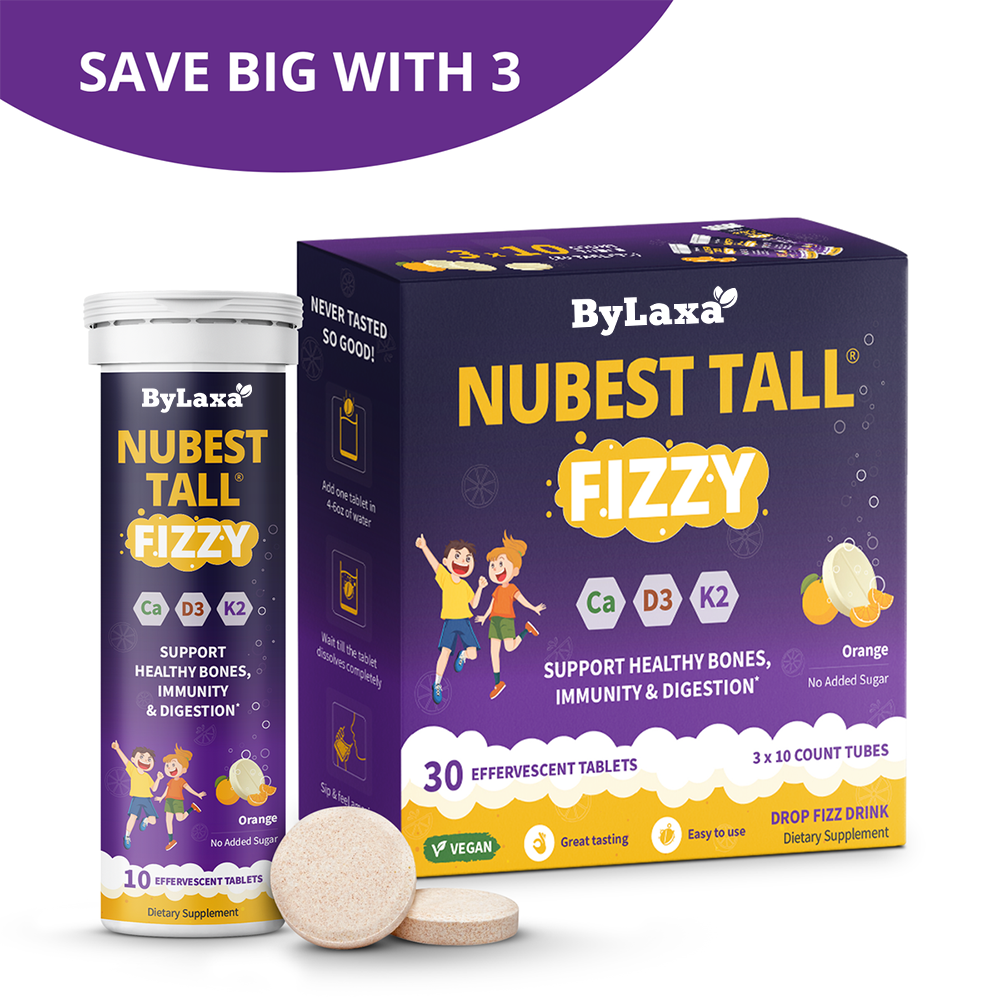 Bylaxa NuBest Tall Fizzy – Height Growth & Bone Strength, Orange Flavor, 10 Effervescent Tabs