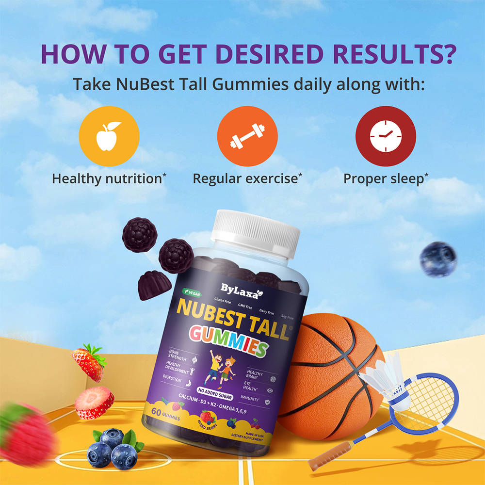 Bylaxa NuBest Tall Gummies for Ages 2+, No Added Sugar, 60 Vegan Gummies